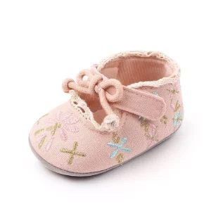 Chaussures bébé fille style princesse antidérapantes semelle souple tissu fleurs rose pâle