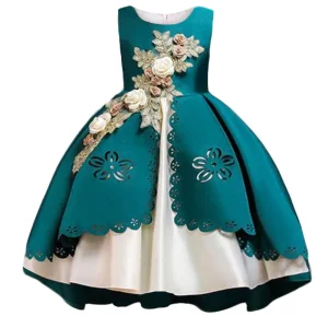 Robe pour filles cérémonie fleurs vert émeraude satin polyester occasion spéciale mariage anniversaire style princesse élégant Robe pour filles cérémonie fleurs vert émeraude satin polyester occasion spéciale mariage anniversaire style princesse élégant