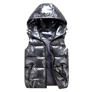Gilet brillant sans manches pour enfant hiver vêtement extérieur style moderne matière synthétique imperméable fermeture éclair poches latérales pour garçons et filles 713 ans Gilet brillant sans manches pour enfant hiver vêtement extérieur style moderne matière synthétique imperméable fermeture éclair poches latérales pour garçons et filles 713 ans