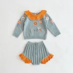Ensemble de vêtements bébé fille pull longues manches et short en tricot 2 pièces bleu floral