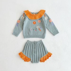 Ensemble de vêtements bébé fille pull longues manches et short en tricot 2 pièces bleu floral