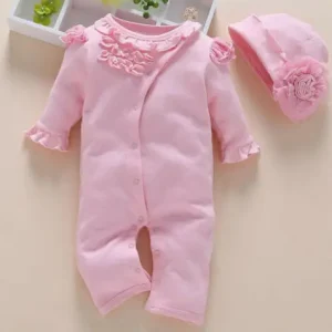 Combinaison bébé fille en coton doux style princesse 03 mois 2 pièces boutons devant fleurs bonnet naissance Combinaison bébé fille en coton doux style princesse 03 mois 2 pièces boutons devant fleurs bonnet naissance