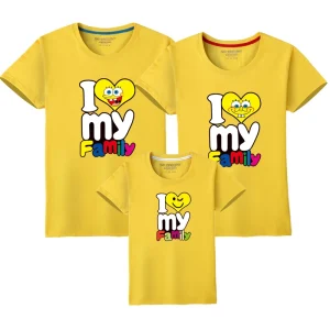 Tshirts assortis &lsquo;I Love My Family&rsquo; en coton pour enfants et adultes été style décontracté familles jaune vif design ludique qualité supérieure made in China
