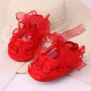 Chaussures bébé fille premiers pas chaussures princesse fête ballerines rouge fleurs dentelle satin