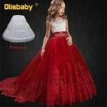Robe de mariée pour filles longue queue robe de communion enfant robe de soirée en dentelle rouge élégante Otisbaby