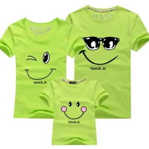 Tshirt famille assorti coton sourire humoristique été décontracté mode enfant adulte vert fluo Tshirt famille assorti coton sourire humoristique été décontracté mode enfant adulte vert fluo