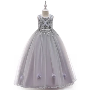 Robe de demoiselle d&rsquo;honneur pour enfant robe de soirée formelle en dentelle tulle mariage anniversaire enfants 713 ans style floral gris clair