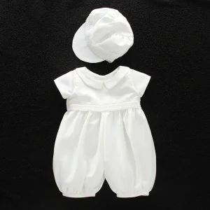 Ensemble barboteuse bébé garçon blanc baptême chapeau col rabattu nouveauné 012M naissance premier Noël anniversaire cérémonie accessoire bébé élégant