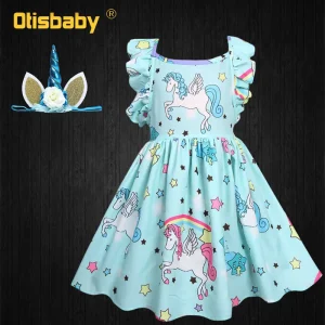 Robe licorne imprimée pour filles tenue d&rsquo;anniversaire  accessoires robe de vacances Tutu vêtements doux pour enfants en bas âge  36004 Green B