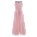 Robe longue princesse fille occasionnelle tissu polyester rose pâle détails brillants neckline cœur bretelles ajustables mariage bal soirée élégance intemporelle