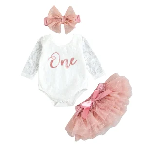 Tenue d&rsquo;anniversaire pour bébé fille body en dentelle florale à manches longues  jupe tutu en tulle  headband satin rose