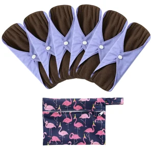 Serviettes hygiéniques réutilisables en charbon de bambou pads menstruels lavables protègeculottes santé féminine 7 pièces par ensemble sac de rangement