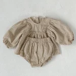 Costume bébé fille 2 pièces à carreaux blouse manches bouffantes  bloomers coton doux style romantique printempsautomne 024m