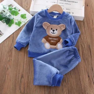 Ensemble pyjama enfants peluche doux motif ours bleu clair pantalon élastique couleur unisexe