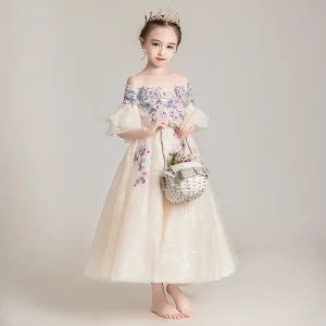 Robe de princesse d’été en tulle floral pour filles longueur genou manches flared style bal mariage spectacle occasion spéciale Robe de princesse d’été en tulle floral pour filles longueur genou manches flared style bal mariage spectacle occasion spéciale
