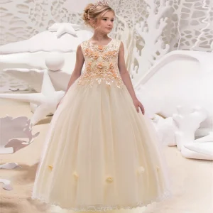 Robe de Demoiselle d&rsquo;Honneur Longue Élégante pour Enfant Soirée Cérémonie Fille 1012 ans Champagne