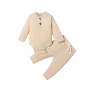 Ensemble vêtements bébé fille garçon body manches longues pantalon élastique côtelé beige uni 2 pièces 13 ans automne doux confort style sécurité Ensemble vêtements bébé fille garçon body manches longues pantalon élastique côtelé beige uni 2 pièces 13 ans automne doux confort style sécurité