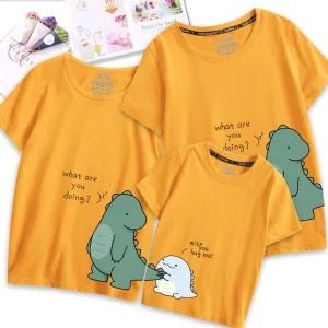 Tshirt famille coton dinosaure dessin animé pour maman papa enfant été manches courtes unisexe jaune