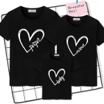 Tshirts assortis famille papa maman bébé noirs cœur texte manches courtes doux confortables occasionnelles