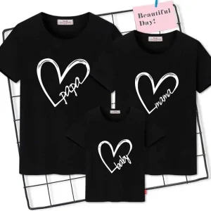 Tshirts assortis famille papa maman bébé noirs cœur texte manches courtes doux confortables occasionnelles