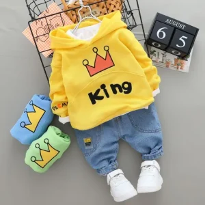 Ensemble bébé garçon automne printemps sweat à capuche jean motif roi coton denim jaune bleu