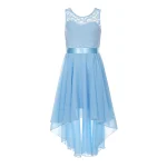 Robe Demoiselle d&rsquo;Honneur Enfant Dentelle Mousseline Soie Asymétrique Élégante Bleu Ciel Occasion Spéciale