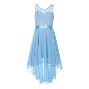 Robe Demoiselle d&rsquo;Honneur Enfant Dentelle Mousseline Soie Asymétrique Élégante Bleu Ciel Occasion Spéciale