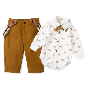 Ensemble barboteuse et pantalon en coton pour nouveauné combinaison couronne blanche costume pour bébé tenue élégante pour garçon cadeau pour fête Ensemble barboteuse et pantalon en coton pour nouveauné combinaison couronne blanche costume pour bébé tenue élégante pour garçon cadeau pour fête