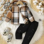 Ensemble automne bébé garçon veste à capuche carreaux pantalon déchiré style décontracté deux piècesusage quotidien