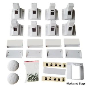 Serrure de sécurité pour portes et tiroirs bébé verrouillage à levier 8 serrures 2 clés fixation sans perçage ensemble complet pour la protection des enfants