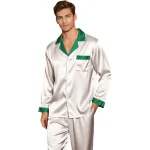 Pyjama de Noël pour homme style classique satin blanc et vert doux et confortable idéal pour les fêtes de famille