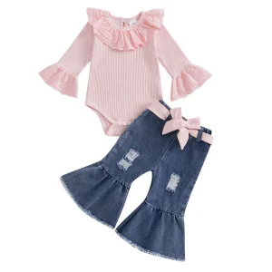 Ensemble Vêtements Bébé Fille Body à Manches Longues Pantalon Denim Évasé Ma & Baby 018 Mois Automne Printemps