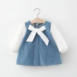 Robe fille printemps automne denim blanc manches blanches nœud poches 12 ans vêtement enfant cute casual