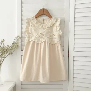 Robe d&rsquo;été pour bébé fille vêtement en coton broderie délicate style romantique robe évasée beige clair manches courtes ajustée taille nouveauné fille 03 ans