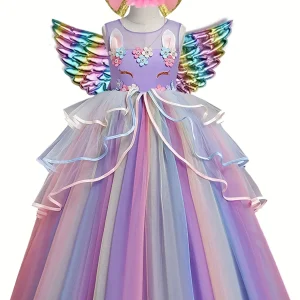 Déguisement pour filles fête de bal Costume de licorne avec bandeau à ailes pour enfants Pageant princesse fête d&rsquo;anniversaire Maxi robe de bal – purple