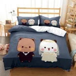 Ensemble literie Cartoon Bear Bubu Dudu couvrelit et taies d&rsquo;oreiller mignon pour chambre bébé enfant style simple moderne polyester doux