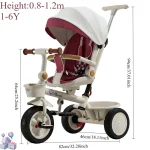 Tricycle Phoenix pliant pour enfants 16 ans design moderne siège en tissu bordeaux canopy escamotable roues en mousse rangement intégré cadre en plastique port de gobelet