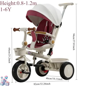 Tricycle Phoenix pliant pour enfants 16 ans design moderne siège en tissu bordeaux canopy escamotable roues en mousse rangement intégré cadre en plastique port de gobelet