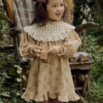 Robe princesse dentelle florale filles tenue coréenne volants printempsautomne 2025 douce confort fille 46 ans jaune