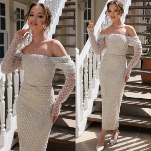 Robe de soirée romantique personnalisée épaules dénudées manches longues robes de soirée de tempérament robes d&rsquo;occasion spéciale