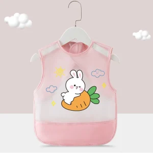 Bavoir imperméable pour bébé 04 ans design cartoon lapin carotte sans manches rose pastel pratique pour les repas protection vêtements hygiène enfant