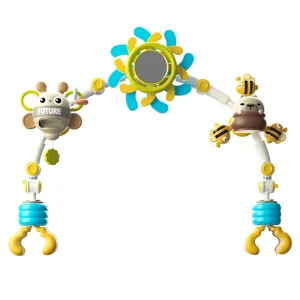 Mobile éveil bébé 3en1 animaux suspensions miroir jaune bleu vert 012 mois poussette accessoire développement sensoriel jouet bébé