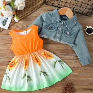 Tenue 2 pièces pour bébé fille | Robe imprimé tournesol  jacket denim | Ensemble mignon été printemps 06 ans