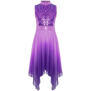 Robe de danse pour filles style asymétrique sequins violet polyester et chiffon soirée fête gala occasion spéciale vêtement élégant moderne confortable durable robe de cocktail