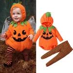 Ensemble de vêtements d&rsquo;Halloween pour nouveau-né, manches longues, fermeture éclair sourire, tenue d&rsquo;anniversaire, bébés filles et garçons, 3 mois – Orange