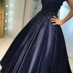 Robe formelle élégante dentelle épaules dénudées robe de soirée navy blue style exquis soirée gala mariage