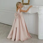 Robe élégante pour filles blanc robe de bal demoiselle d&rsquo;honneur communion mariage style européen avec gros nœud polyester viscose sans manches longueur cheville 713 ans