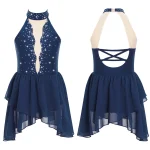 Robe de danse artistique pour filles ballet gymnastique strass maille justaucorps bleu marine vêtements de performance robes de spectacle accessoires danse
