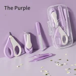 Kit soins santé bébé coupeongles ciseaux boîte rangement 5 pièces ensemble design violet pastel trousse transparente usage sécurisé pour bébé