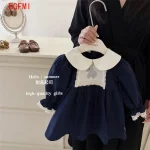 Robe bébé fille style princesse coton polyester broderie lapin manches longues bleu marine dentelle summer dress 46 ans
